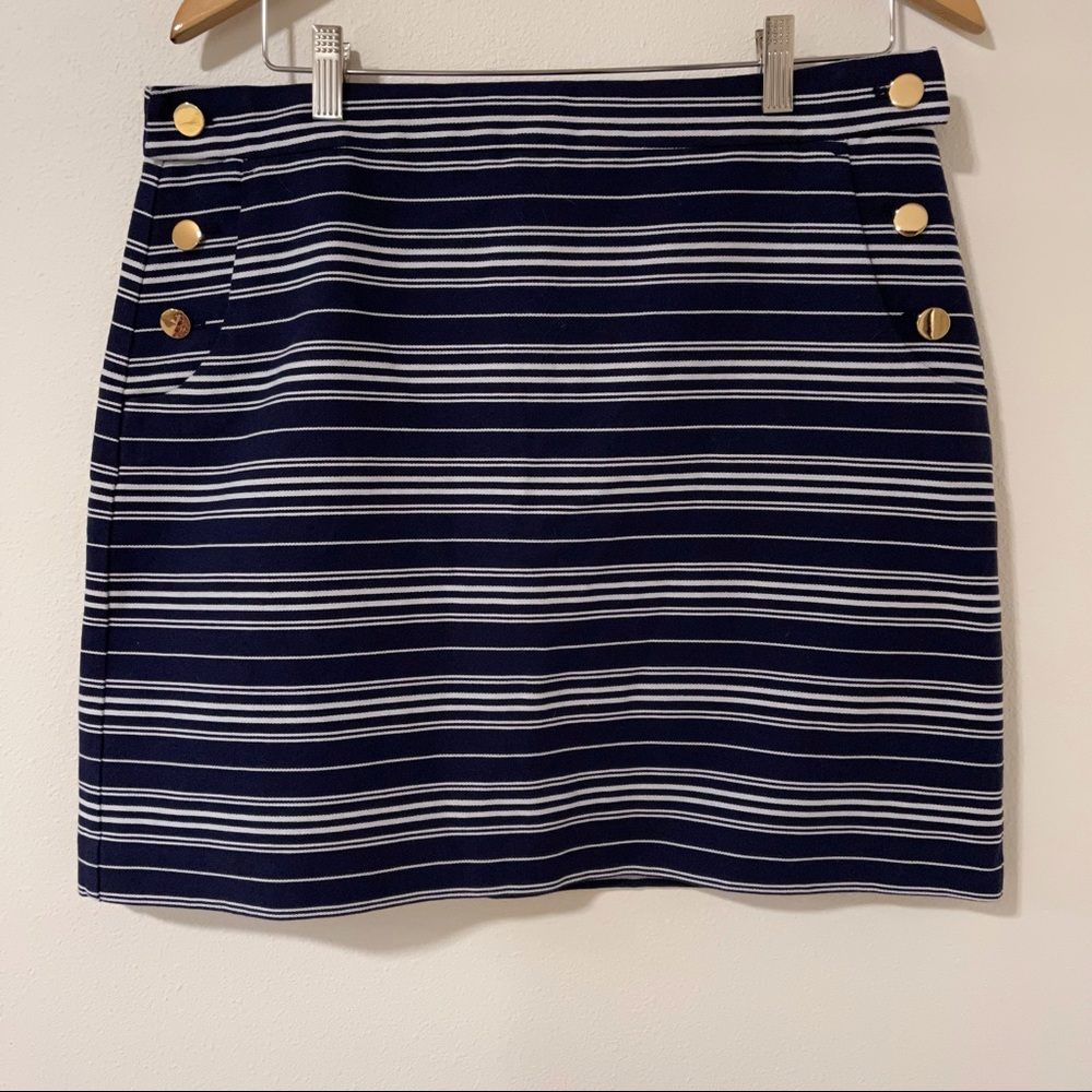 Loft Nautical Navy with White Vertical Stripe Skirt Pockets Gold Side Buttons-12